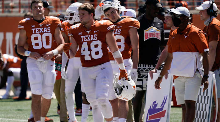 Apr 24, 2021; Austin, Texas, USA; Texas Longhorns Orange linebacker, and brother of former Longhorns quarterback Sam Ehlinger, Jake Ehlinger during the fourth quarter of the Orange-White Texas Spring Game at Darrell K Royal-Texas Memorial Stadium.